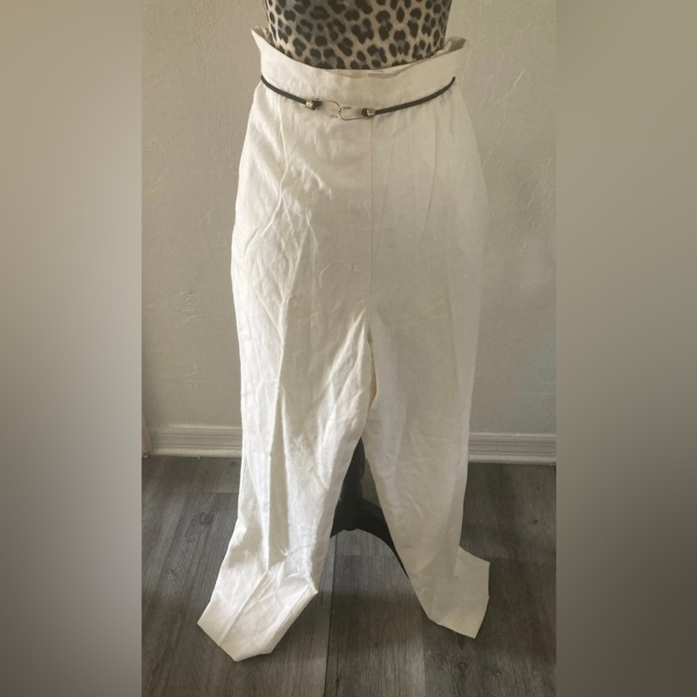 Susan Bristol pants women size 12 linen pockets ivory High Rise Stretch 43L